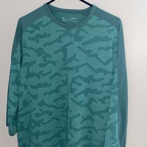 Mens NWOT Under Armour heat gear 3/4 sleeve teal green camo shirt, size M